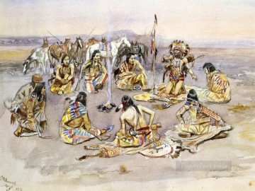 アメリカインディアン Painting - 軍事評議会 1896 年 チャールズ マリオン ラッセル アメリカ インディアン
